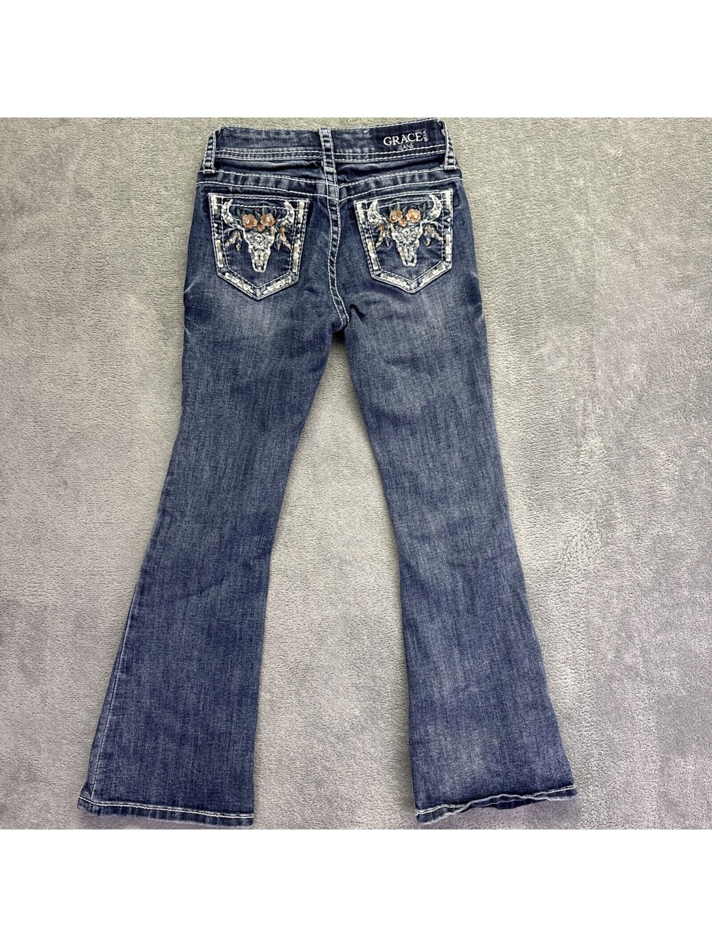 Grace Girls Bootcut Jeans Size 7 Blue Denim Medium Wash Embroidered Bull Pockets